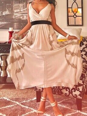 Express Light Gray/Taupe Chiffon Abstract Print Banded Waist Maxi Dress Small